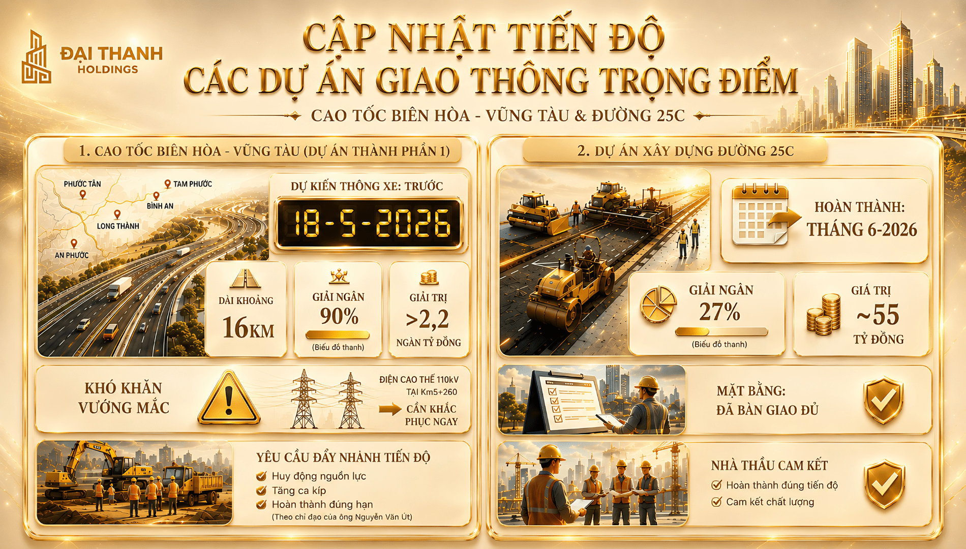 Banner Đại Thanh Holdings thông báo Đồng Nai thông xe Thành phần 1 cao tốc Biên Hòa - Vũng Tàu trước ngày 18/5, khẳng định cơ hội đầu tư hạ tầng đột phá.